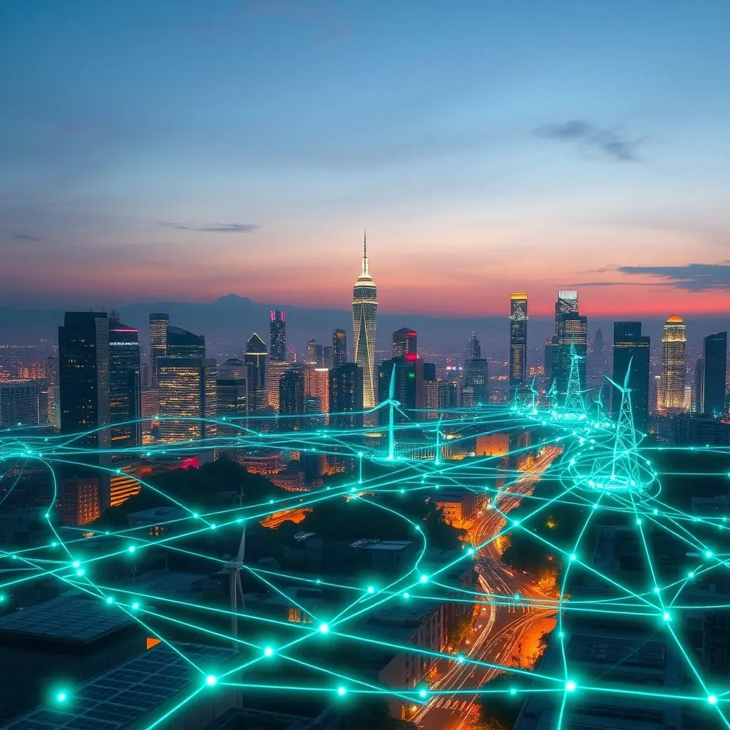 Digital representation of an AI-managed smart energy grid overlaying a city