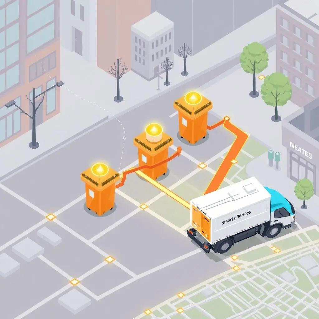 Image showing smart trash bins and optimized collection truck routes on a map via AI