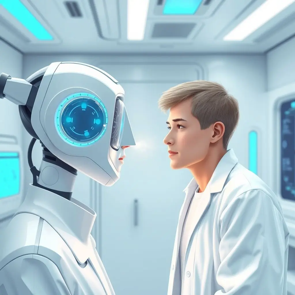 Illustration of an AI-powered electronic nose analyzing a patient's breath sample in a medical setting.