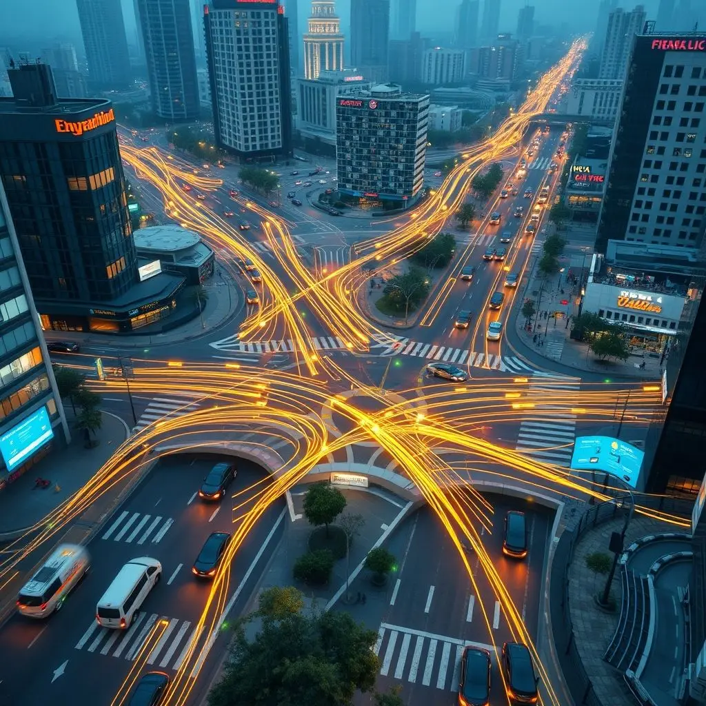 Overhead view of city traffic with digital overlays showing optimized routes via AI
