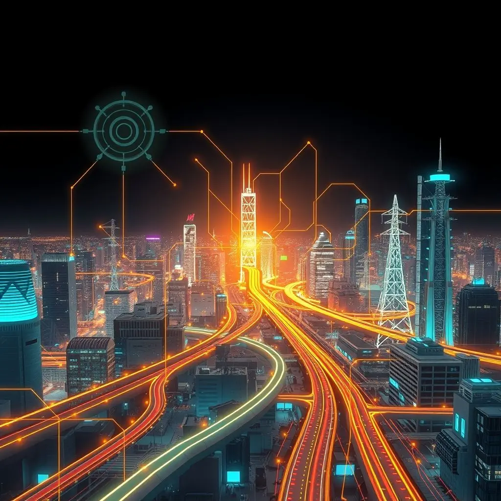 Abstract image showing interconnected urban systems (water, air, energy, transport) managed by AI