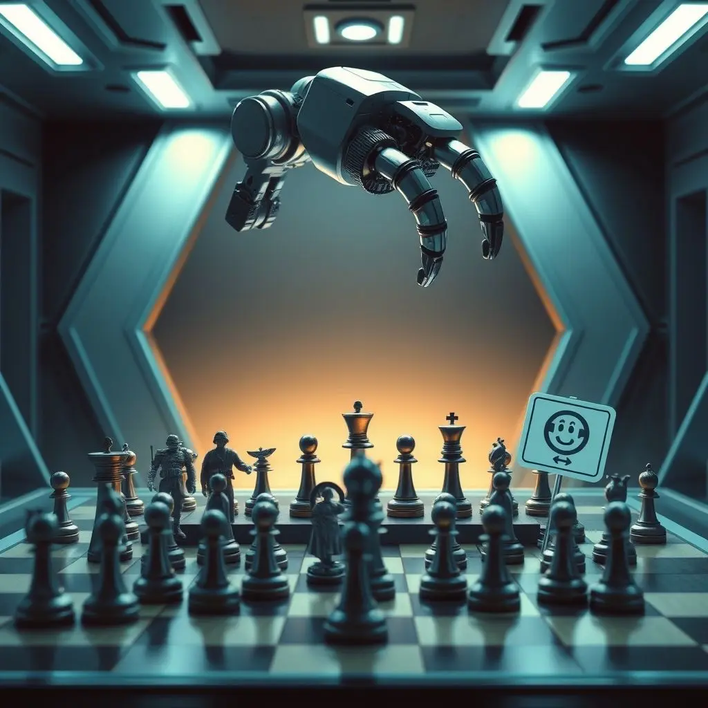 Illustration depicting a robot arm poised over a chessboard, with military figures and ethical symbols instead of pieces, suggesting a complex strategic and moral game.