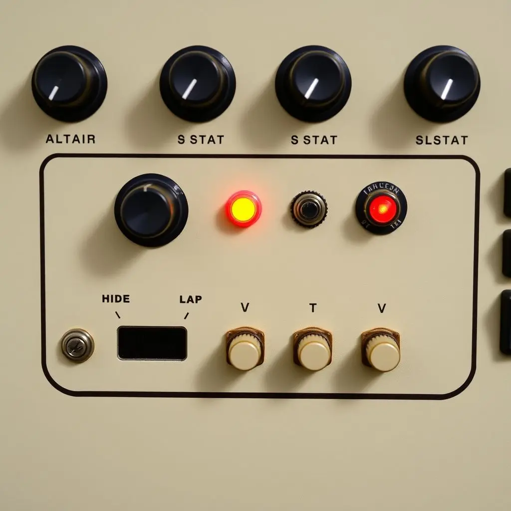 Close-up view of the Altair 8800 front panel with switches and LED lights