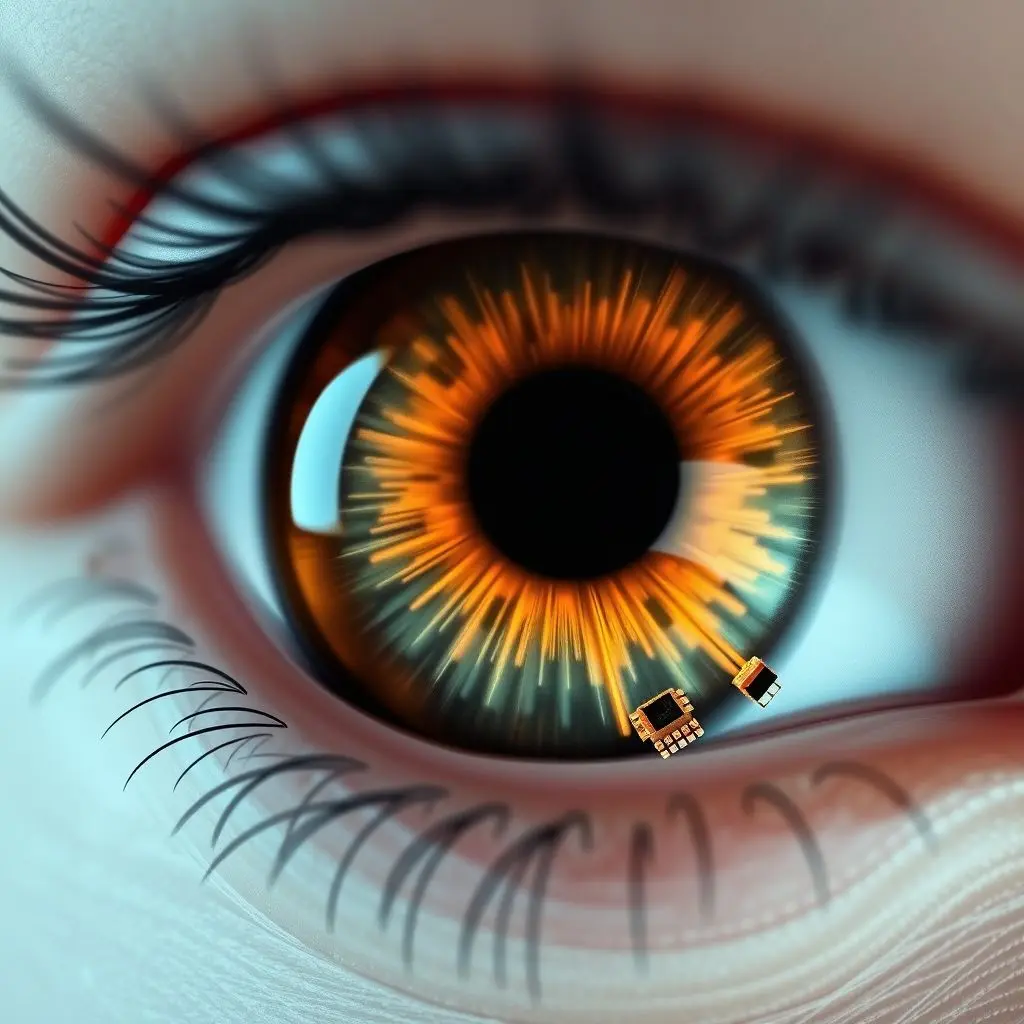 Conceptual image of a contact lens with faint digital overlay and tiny tech components