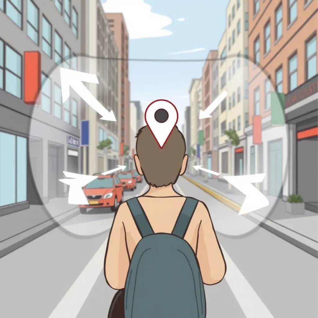 Person walking down a street seeing navigation arrows overlaid onto their vision via AR contact lenses