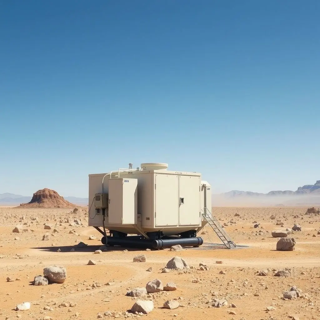 Atmospheric water harvester operating in a dry, arid landscape.