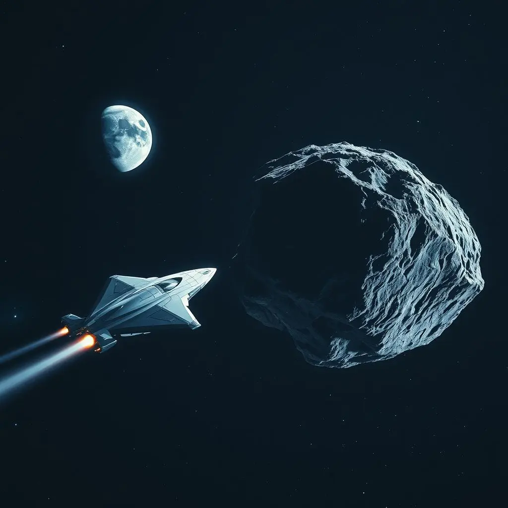 A futuristic spacecraft attempting to nudge a large asteroid off course in space.