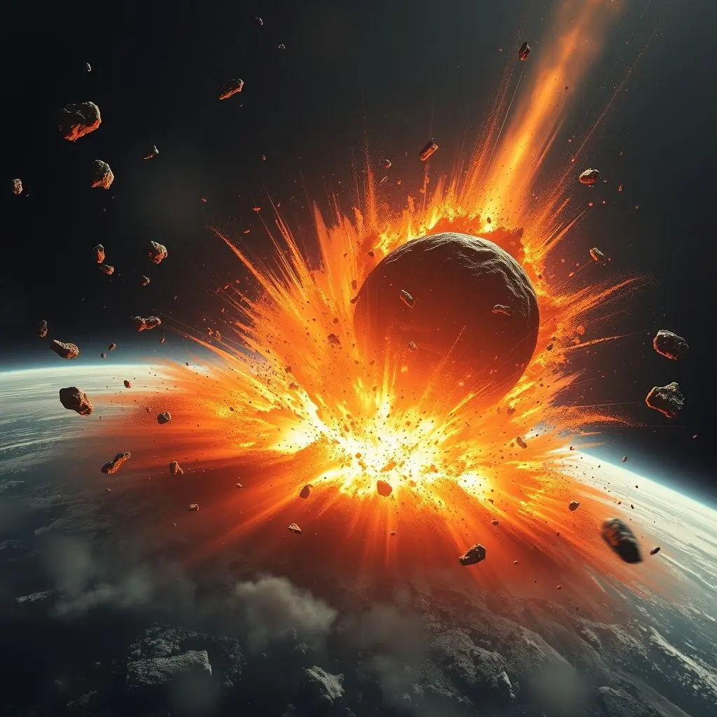 Dramatic visualization of a large asteroid impacting Earth, showing shockwaves and debris.