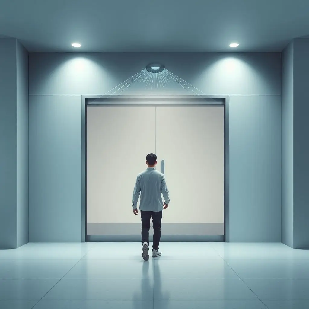 Conceptual image of a person approaching an automatic door with invisible signals representing sensor detection emanating from the sensor unit.