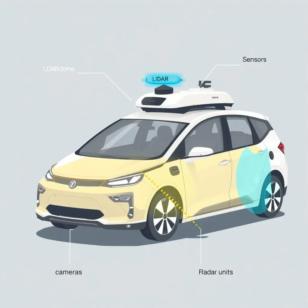 Illustration of a self-driving car highlighting different sensor types like LiDAR dome, cameras, and radar.