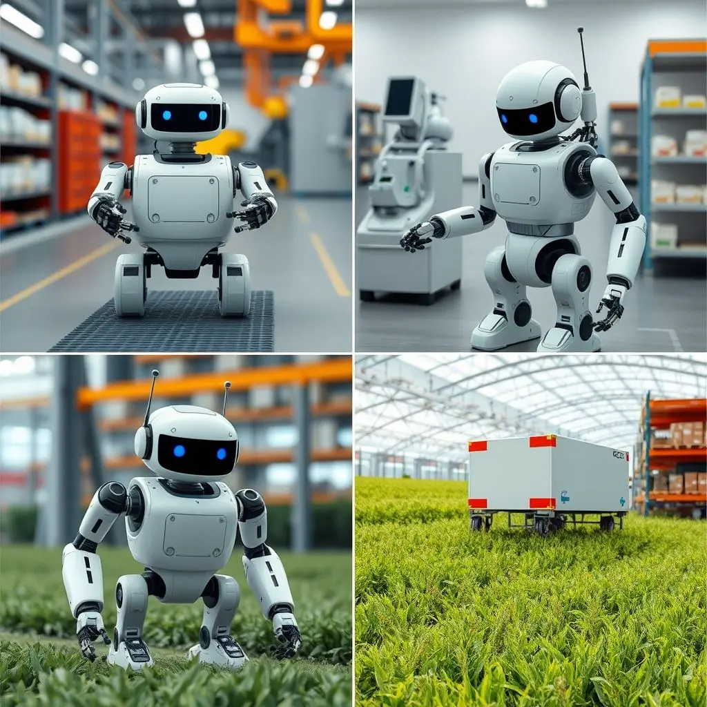 A collage or scene showing different types of intelligent, autonomous robots operating in diverse environments: a factory floor, a hospital, a farm field, and a logistics warehouse.