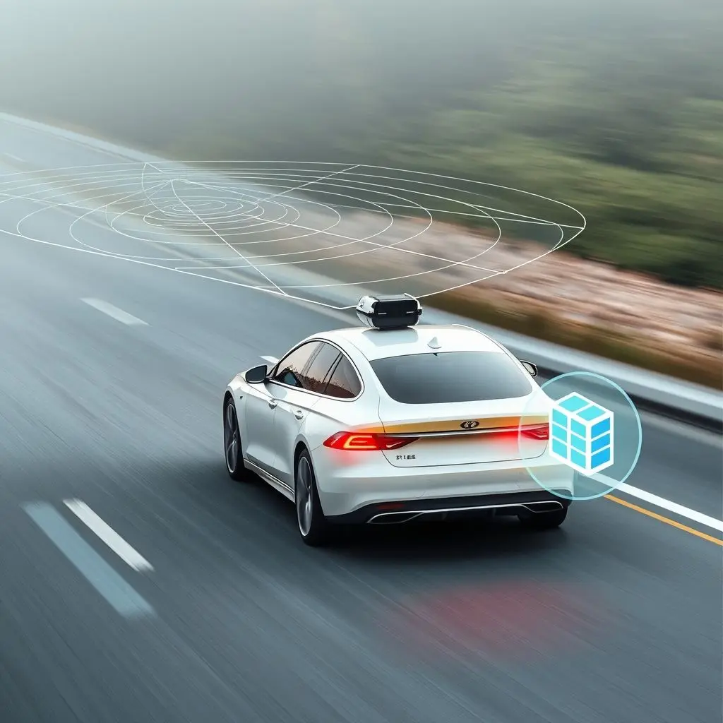 An autonomous car using sensors to perceive its environment, with a conceptual overlay showing data processing happening locally at the edge.