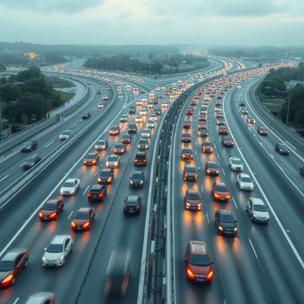 Visual analogy of high internet bandwidth showing a wide highway with many lanes filled with fast-moving cars.