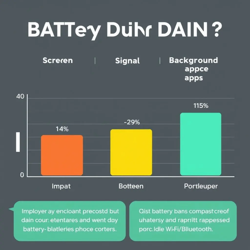 Infographic comparing battery drain from screen, signal, apps vs idle wifi/bluetooth