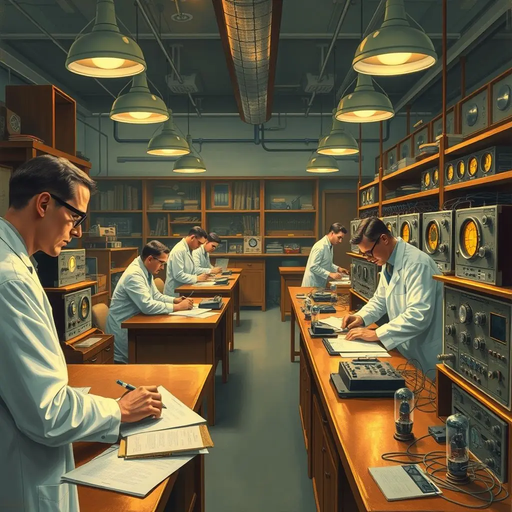 Illustration depicting a vintage research laboratory environment with scientists working on early electronic components.