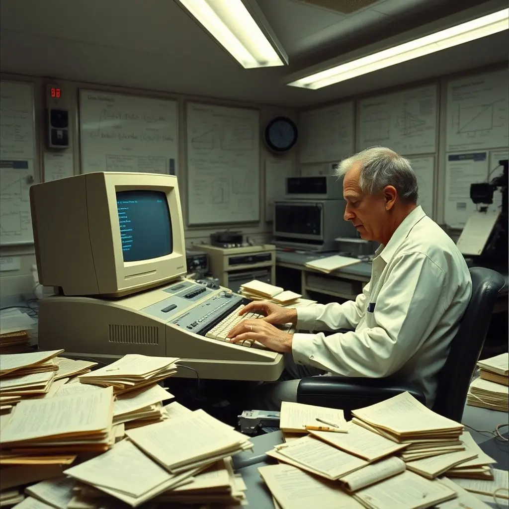 Tim Berners-Lee working at a computer at CERN, possibly depicting the early development of the web.