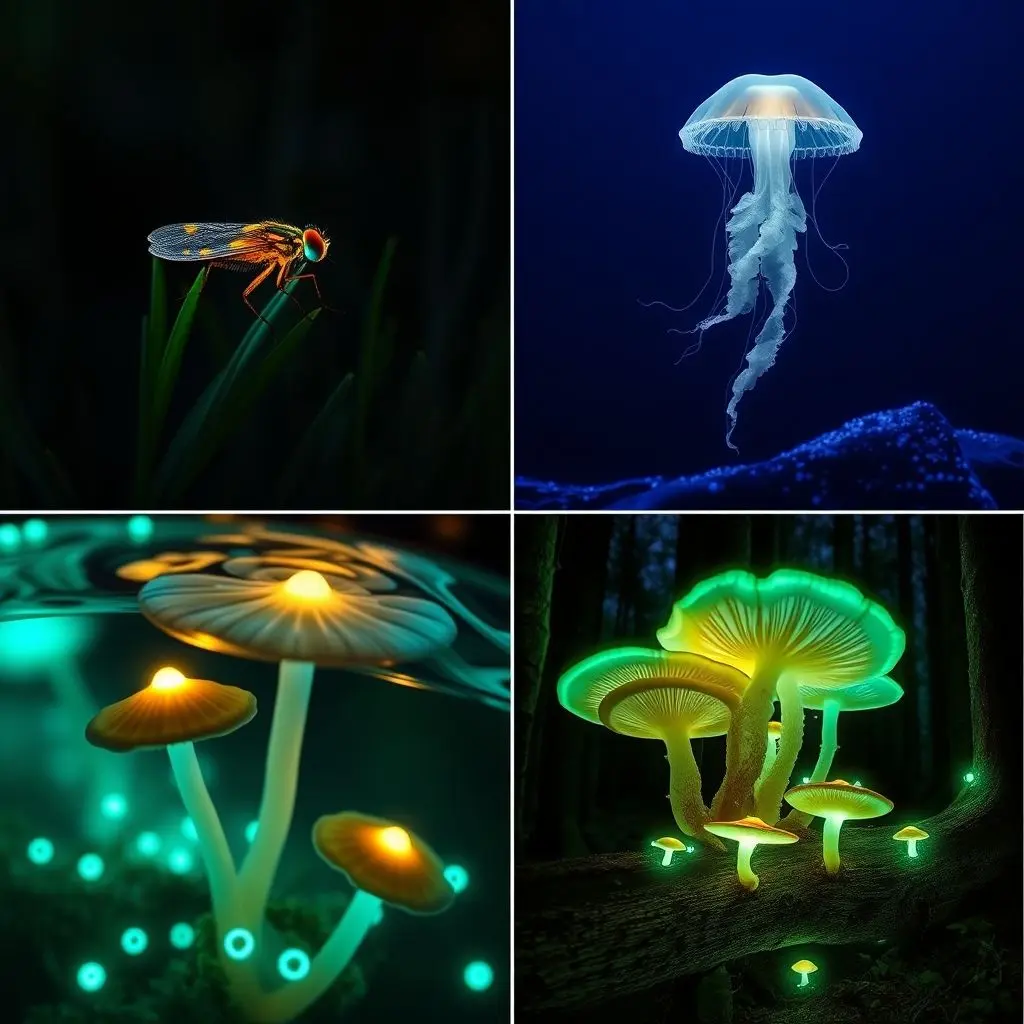 Diverse bioluminescent organisms including fireflies, jellyfish, and glowing fungi.