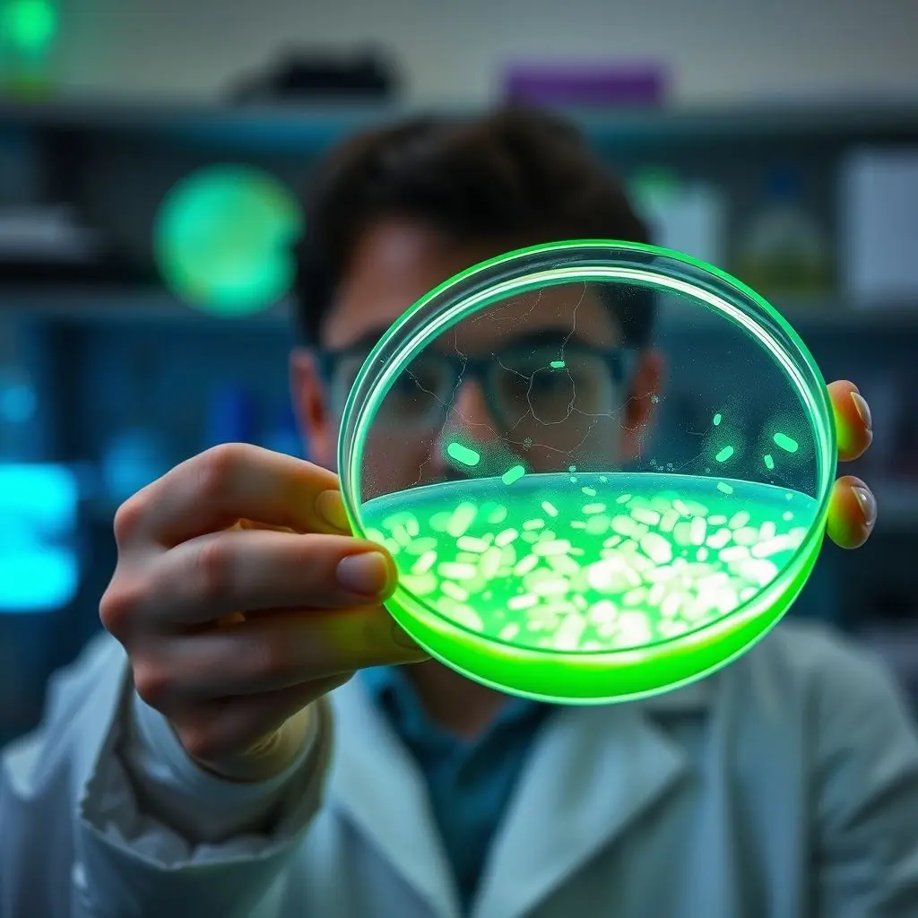 Petri dishes containing glowing genetically modified bacteria in a laboratory setting.