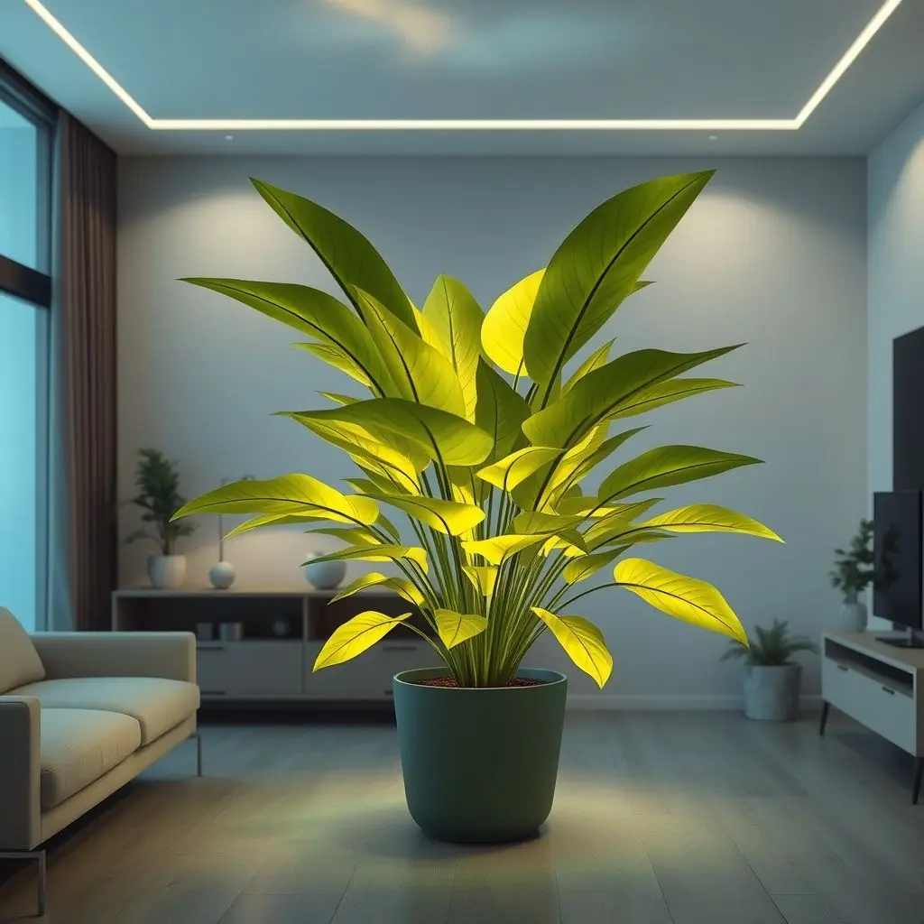 Conceptual image of a potted plant with glowing leaves used for ambient indoor lighting.