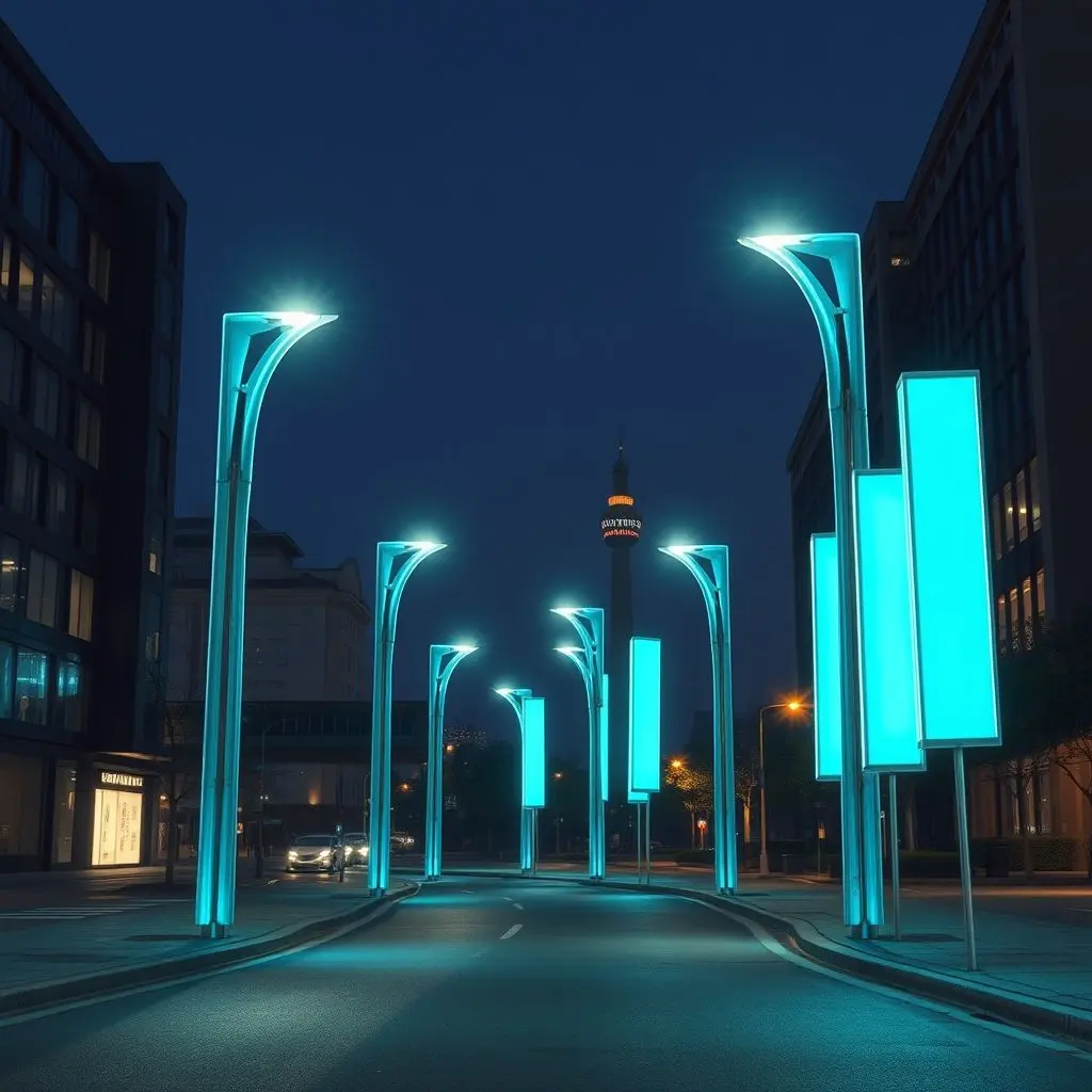 Conceptual image of a city street lit by glowing bioluminescent lamps.