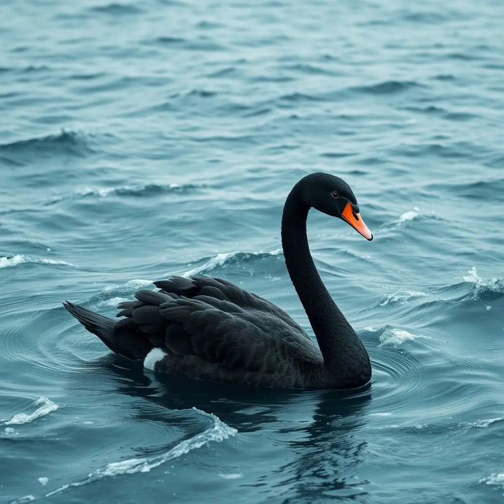 Symbolic image of a black swan swimming in turbulent financial charts