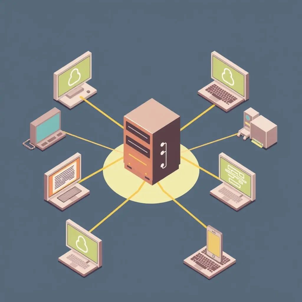 Illustration showing a central server controlling multiple compromised devices (computers, phones, IoT devices) forming a network