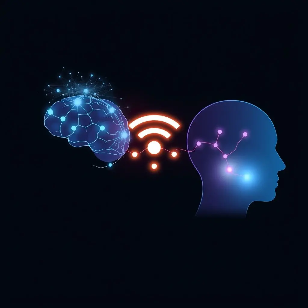 Illustration showing brain waves flowing from one brain, through a computer network icon, and stimulating another brain.