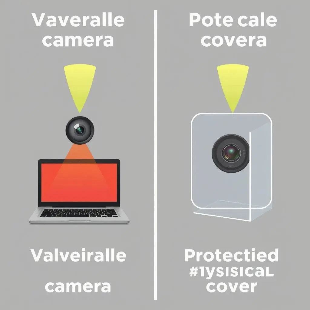 Side-by-side illustration showing a vulnerable laptop camera versus one protected by a physical cover.