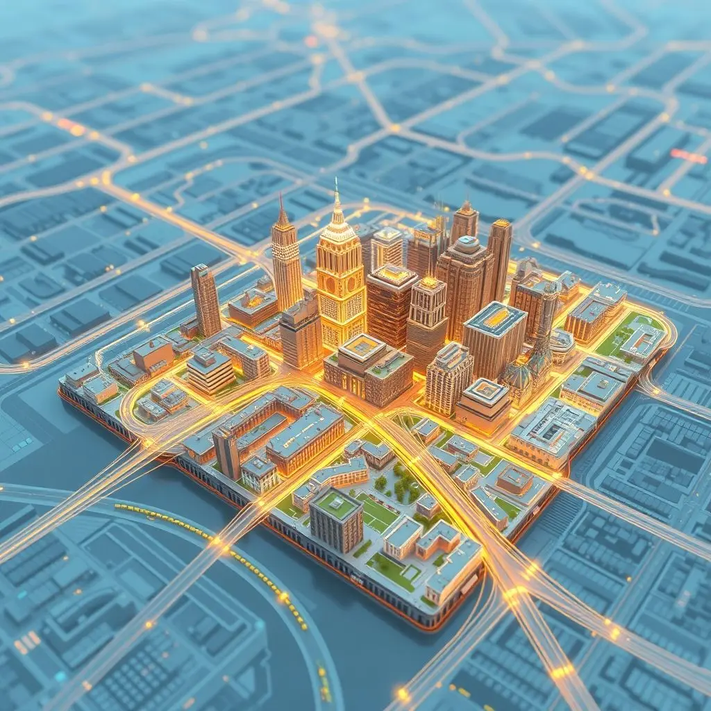 Digital representation of a city skyline with data points and connections flowing into a central model.