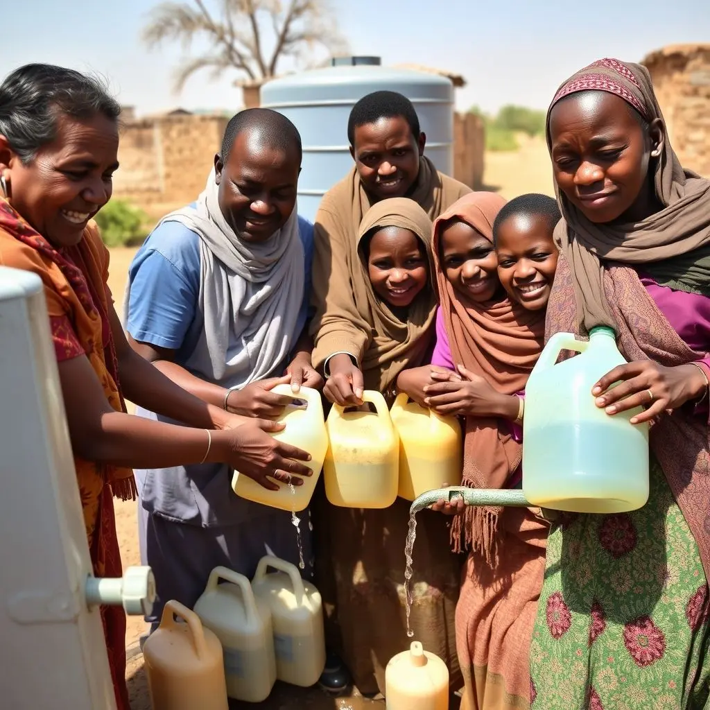 People filling containers with water from an atmospheric water generation unit in a village.