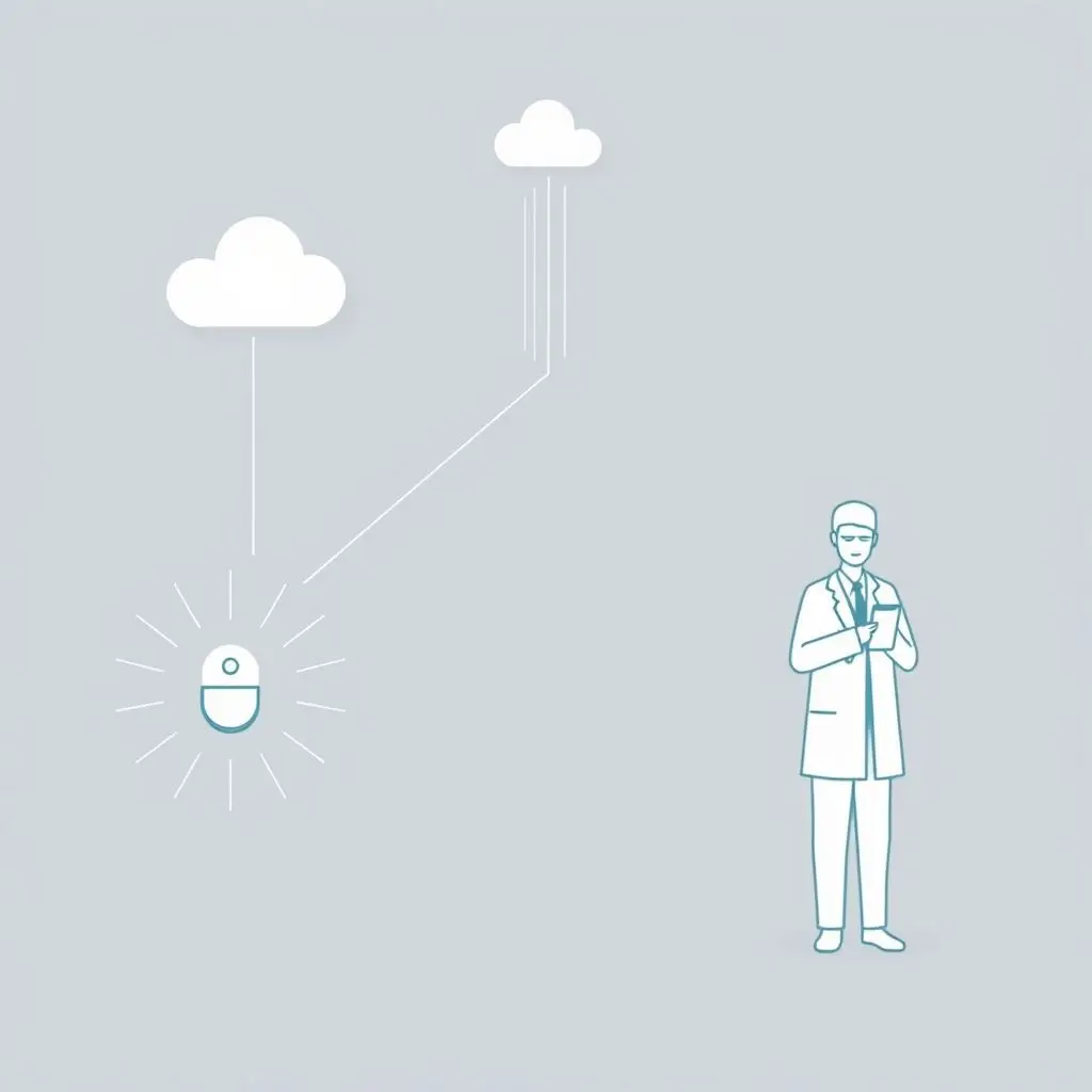 Diagram showing data flow from an implanted medical device through a gateway to a cloud and doctor