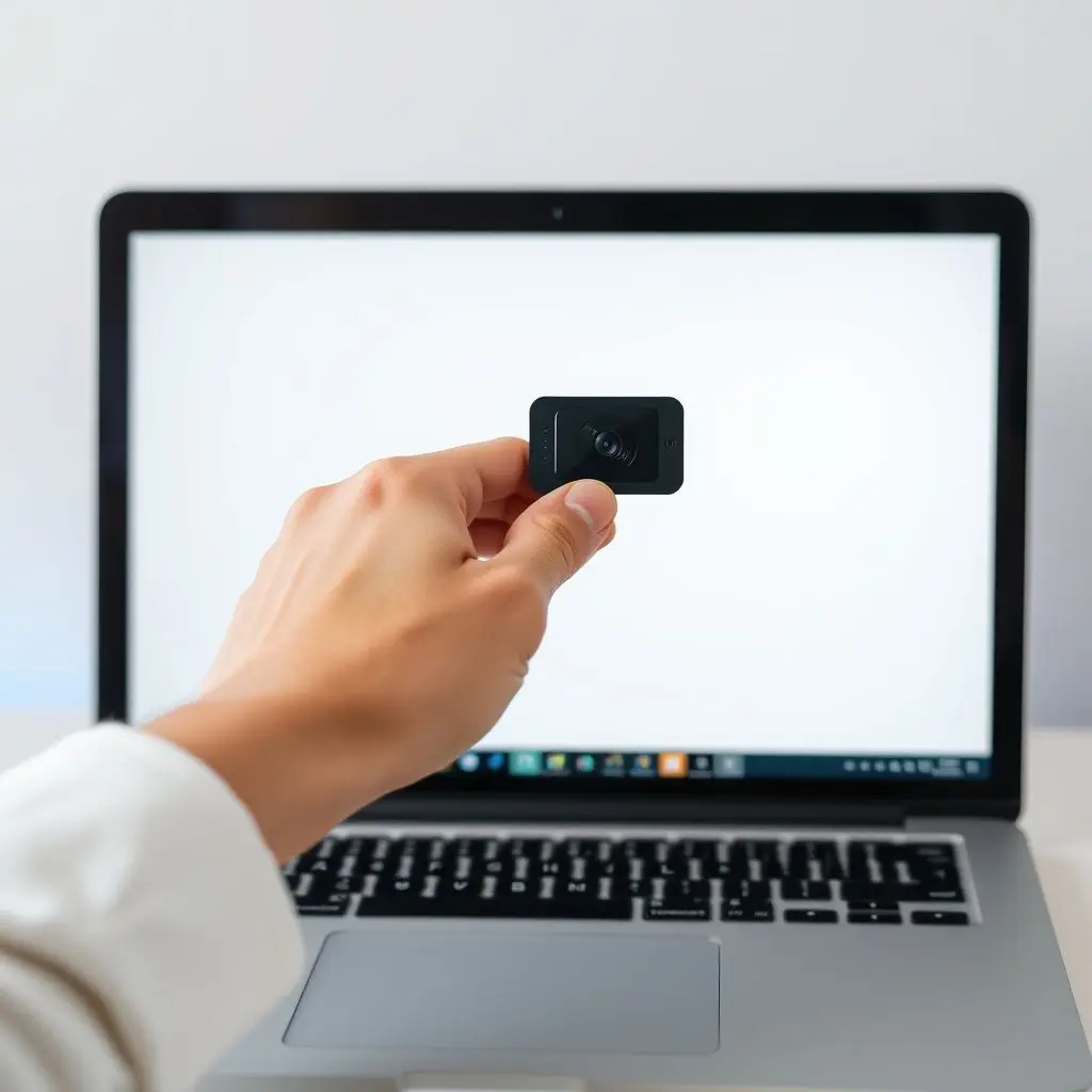 A hand placing a small physical slider cover over a laptop's webcam.