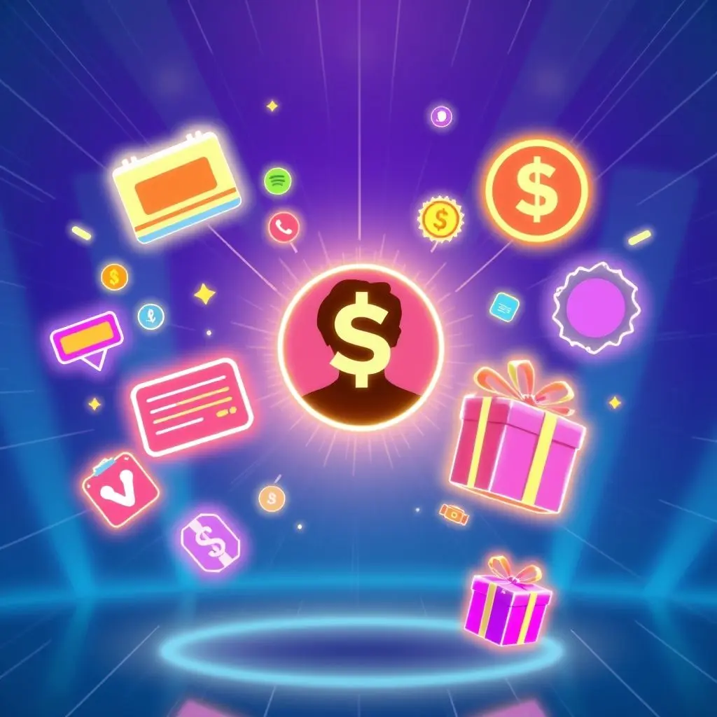 Icons representing different monetization methods flowing from a stylized creator figure.