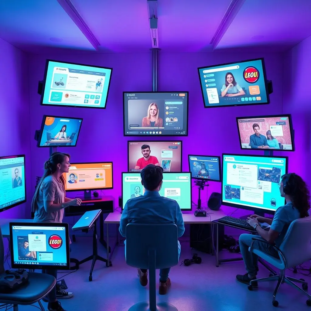 Diverse digital creators interacting with various tech platforms on screens.