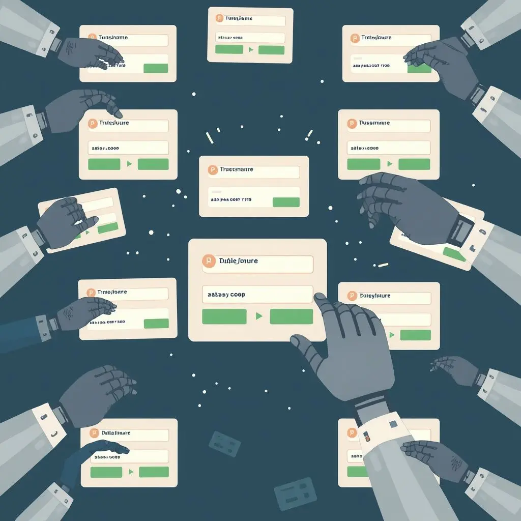 Visual representation of bots or automated hands stuffing username and password combinations into multiple different website login forms rapidly.