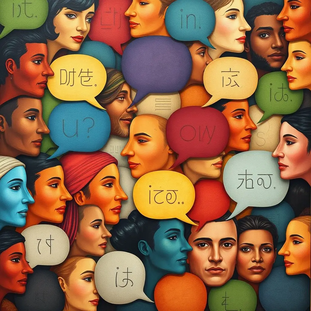 Diverse group of people with speech bubbles showing different languages, symbolizing the challenge of cultural nuance in translation.