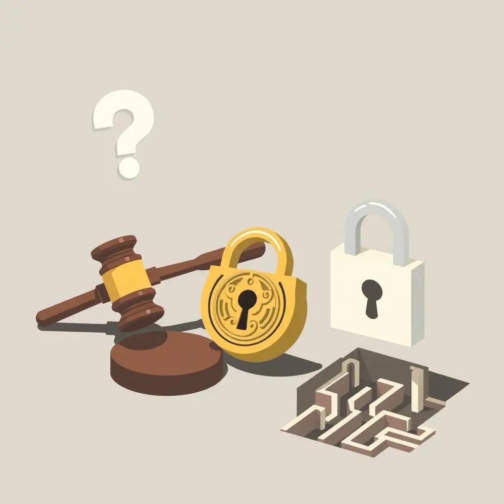 Illustration depicting various hurdles like security locks, legal gavels, and question marks