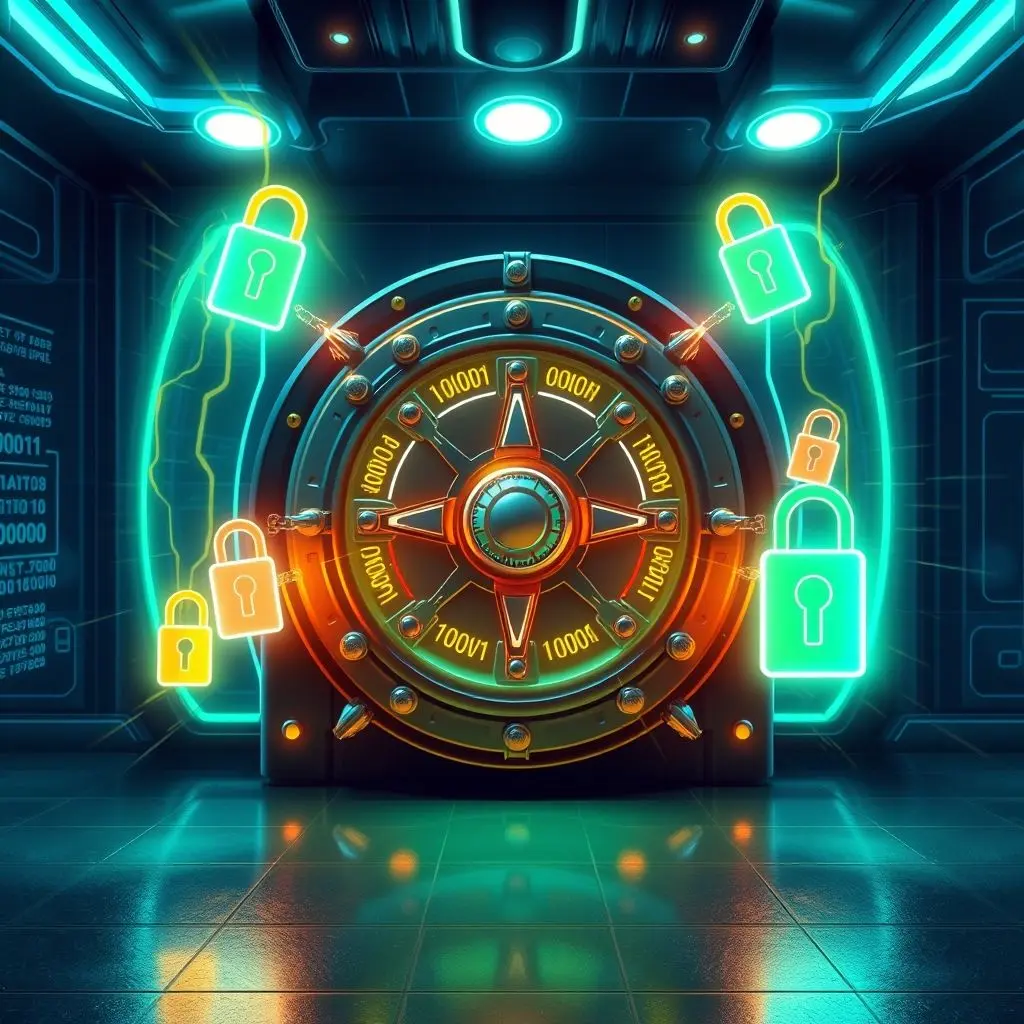 Illustration showing a vault being unlocked by multiple digital keys representing decentralized control