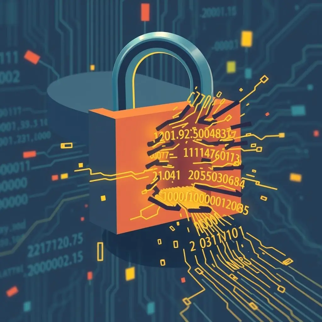 Abstract illustration showing data flowing out of a broken digital lock or database, representing a data breach with usernames and passwords being stolen.