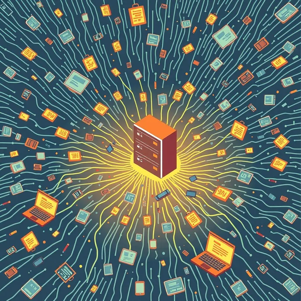 Illustration depicting a massive flood of data packets originating from many scattered devices targeting a single server or website icon