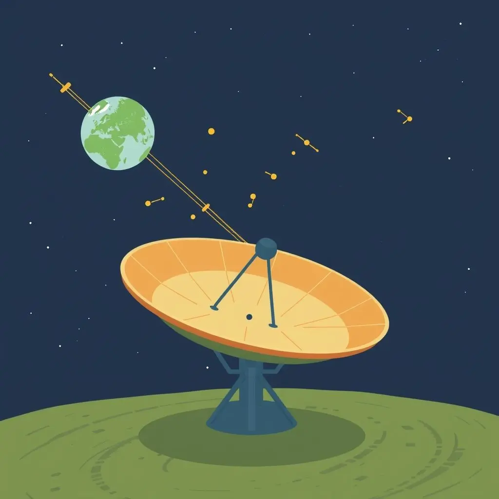 Illustration of a ground-based radar dish tracking multiple objects in Earth's orbit.