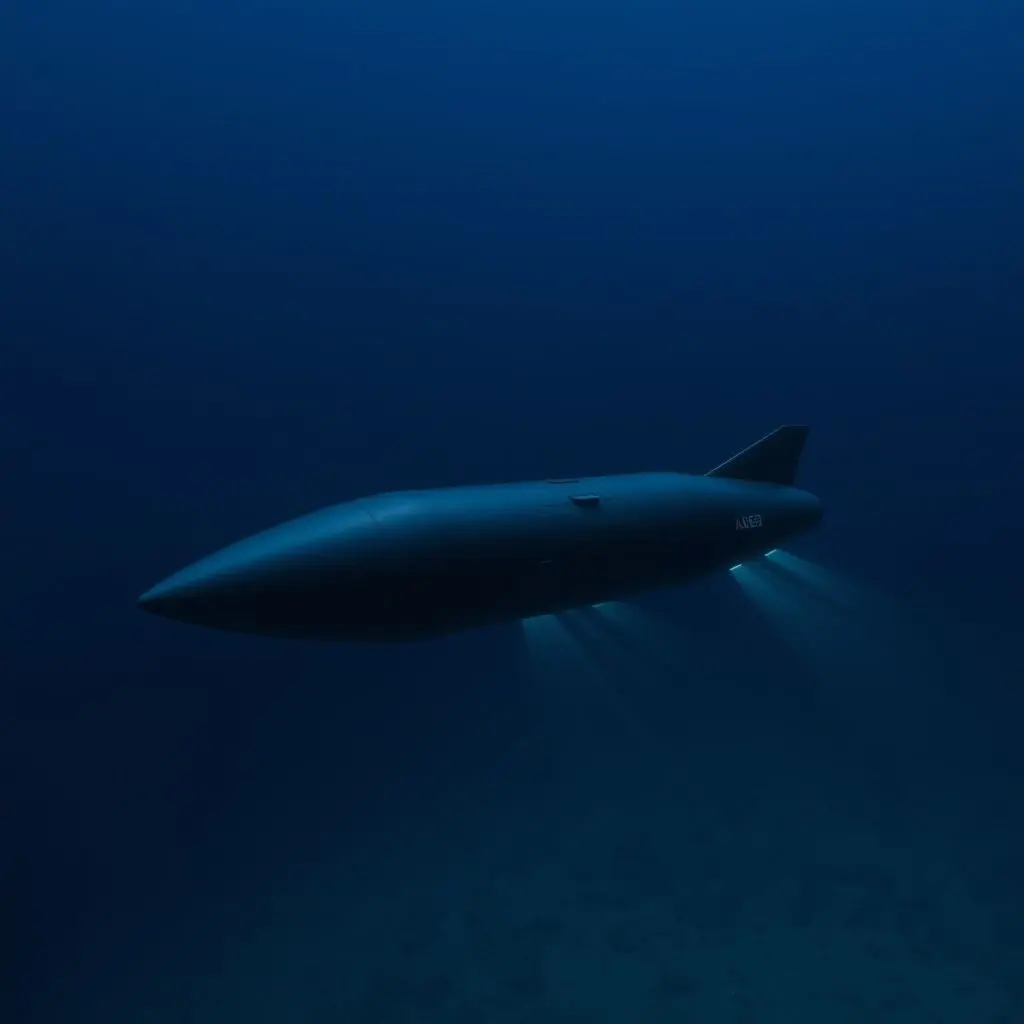 An Autonomous Underwater Vehicle (AUV) with a torpedo-like shape gliding through the water, depicted scanning the seafloor with sensors.