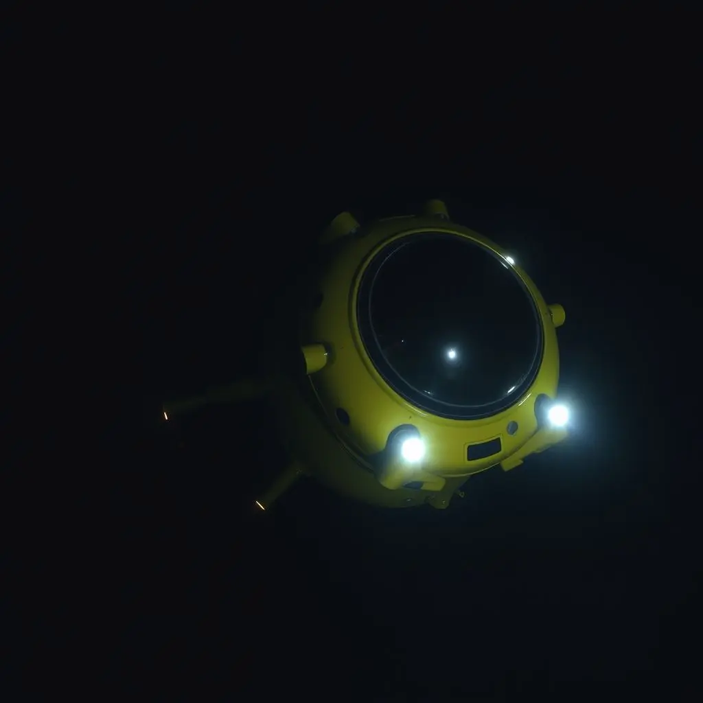A small, spherical manned deep-sea submersible with viewports and lights descending into the blue depths.