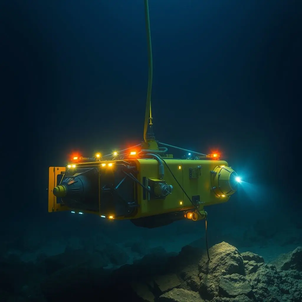 An ROV (Remotely Operated Vehicle) with lights and cameras exploring a rocky deep-sea seabed near a hydrothermal vent, tether extending upwards.