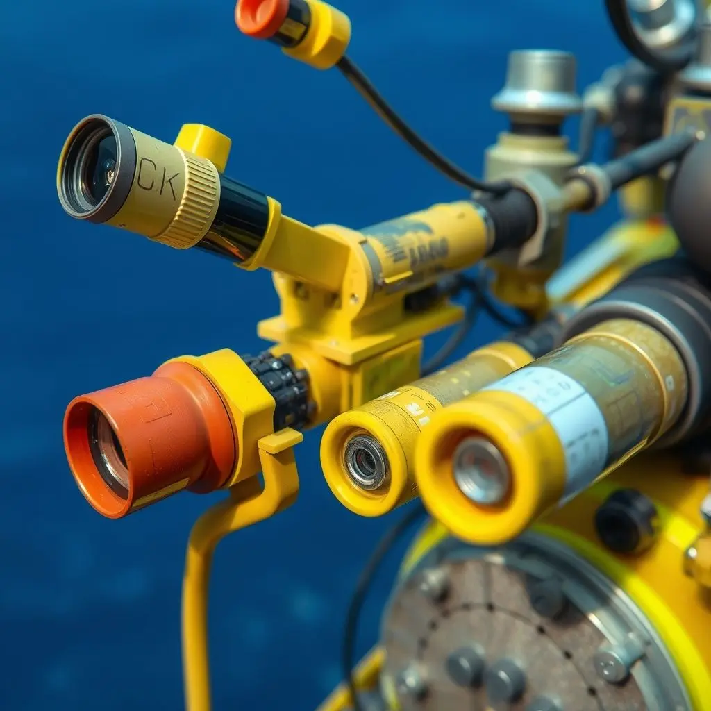 Close-up view of various deep-sea exploration sensors and tools, such as cameras, manipulator arm claws, and cylindrical sampling devices.