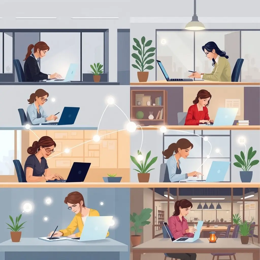 Diverse group of professionals collaborating seamlessly between a modern office space and remote locations using technology.