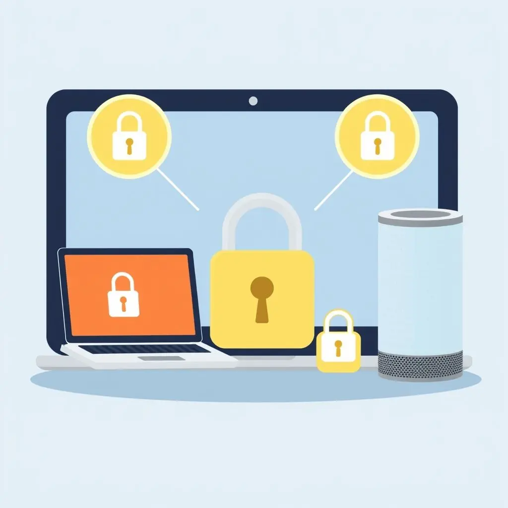 Illustration showing various devices (laptop, phone, smart speaker) with padlock icons, representing security and protection against threats