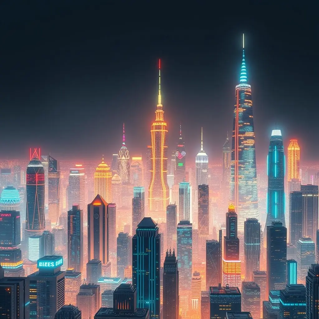 A futuristic city skyline composed of glowing digital architecture and data streams.