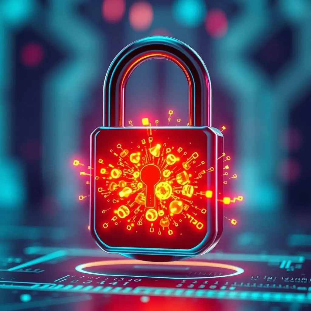 Stylized digital lock protecting data, representing security