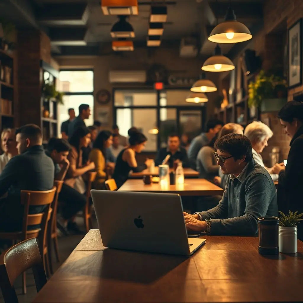 Person working on a laptop in a lively cafe setting, showcasing the digital nomad lifestyle